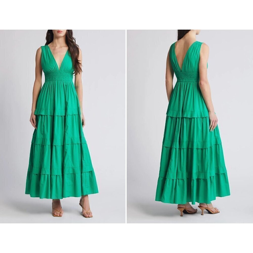 New Chelsea28 Size L V-Neck Tiered Maxi Dress Green Bright
